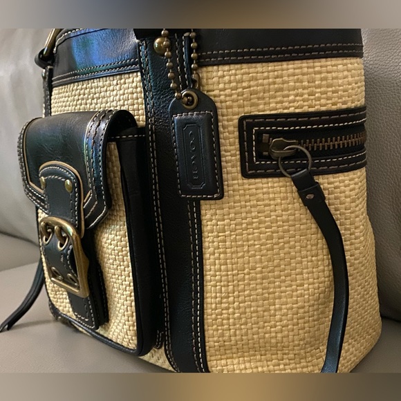 Vintage Coach Legacy Straw & Leather Satchel Tote Handbag - Picture 2 of 16